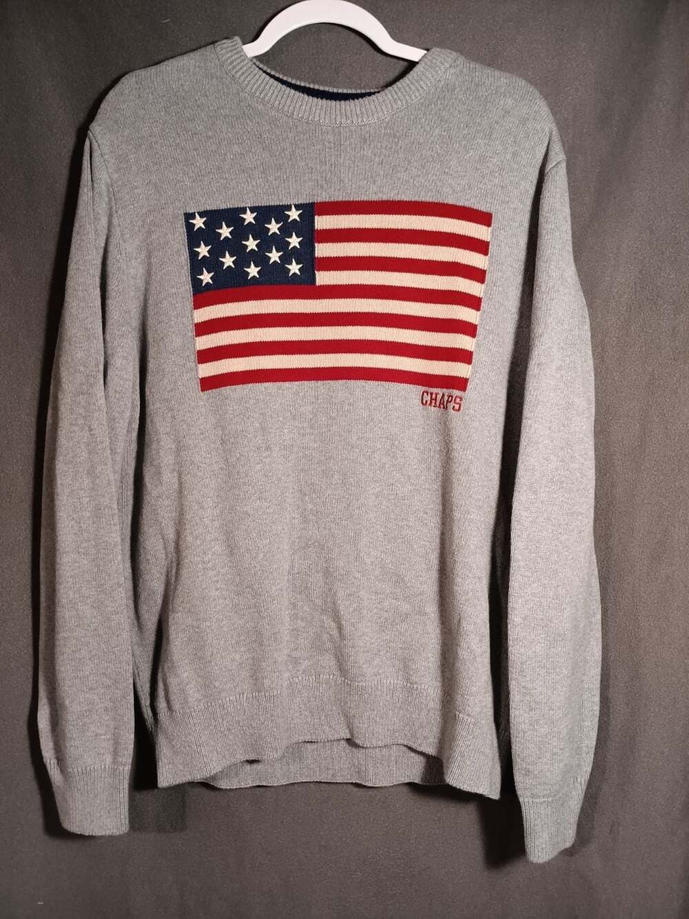Chaps Sweater Men Large Gray American Flag Crewneck Knit Pullover Patriotic USA